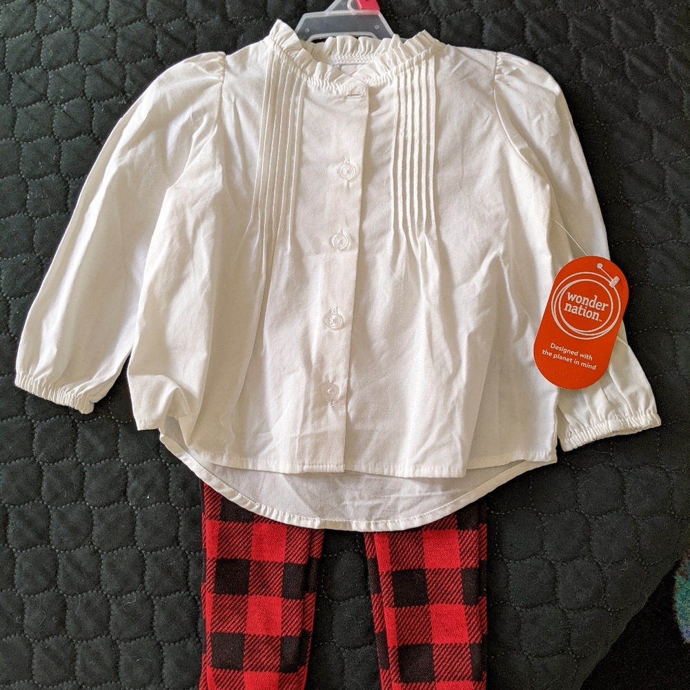 Wonder Nation Cream Ruffled Top And Plaid Pants Set